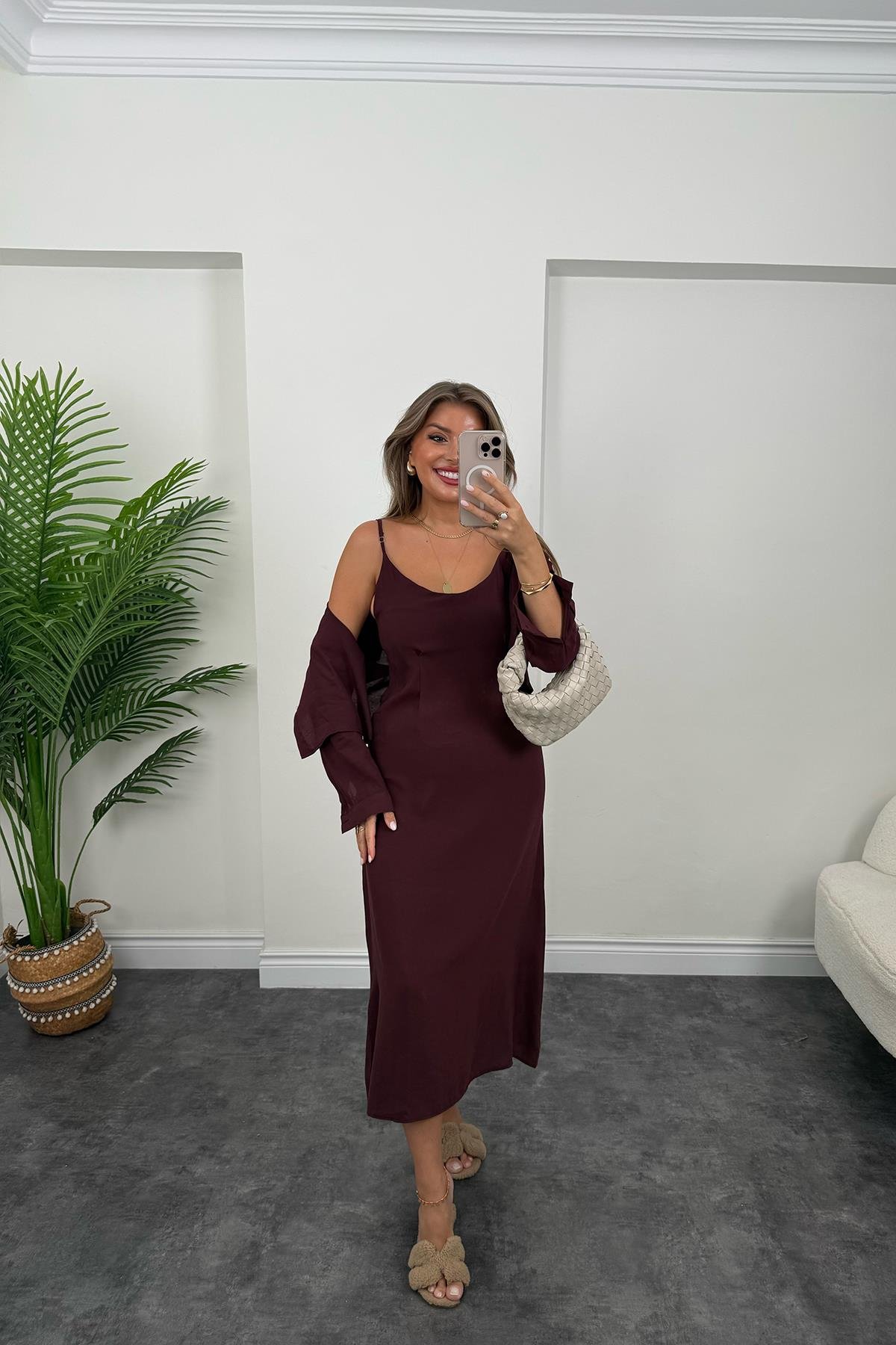 Premium Seri Tensel Kumaş Elbise Gömlek Takım Mürdüm