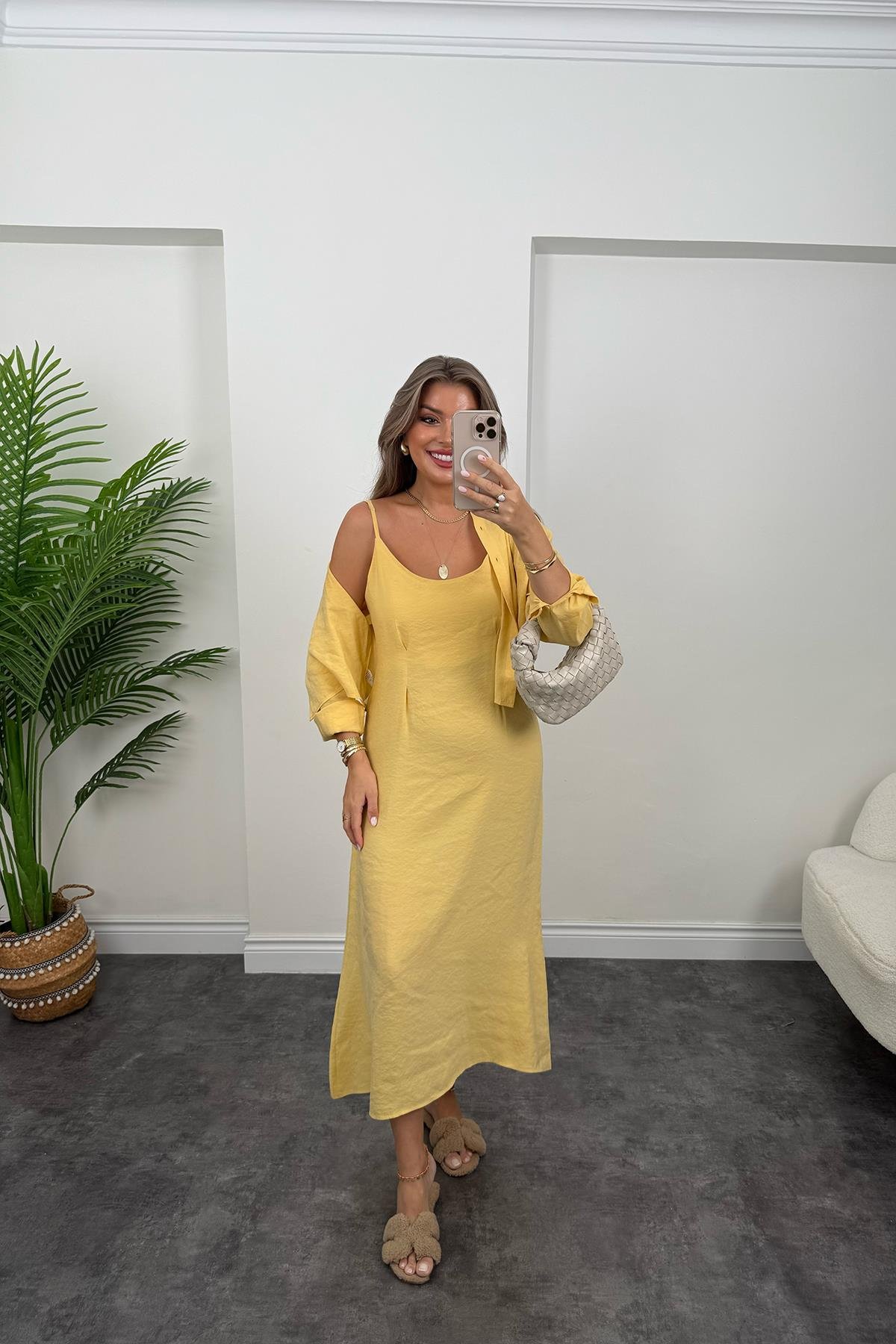 Premium Seri Tensel Kumaş Elbise Gömlek Takım Pastel Sarı