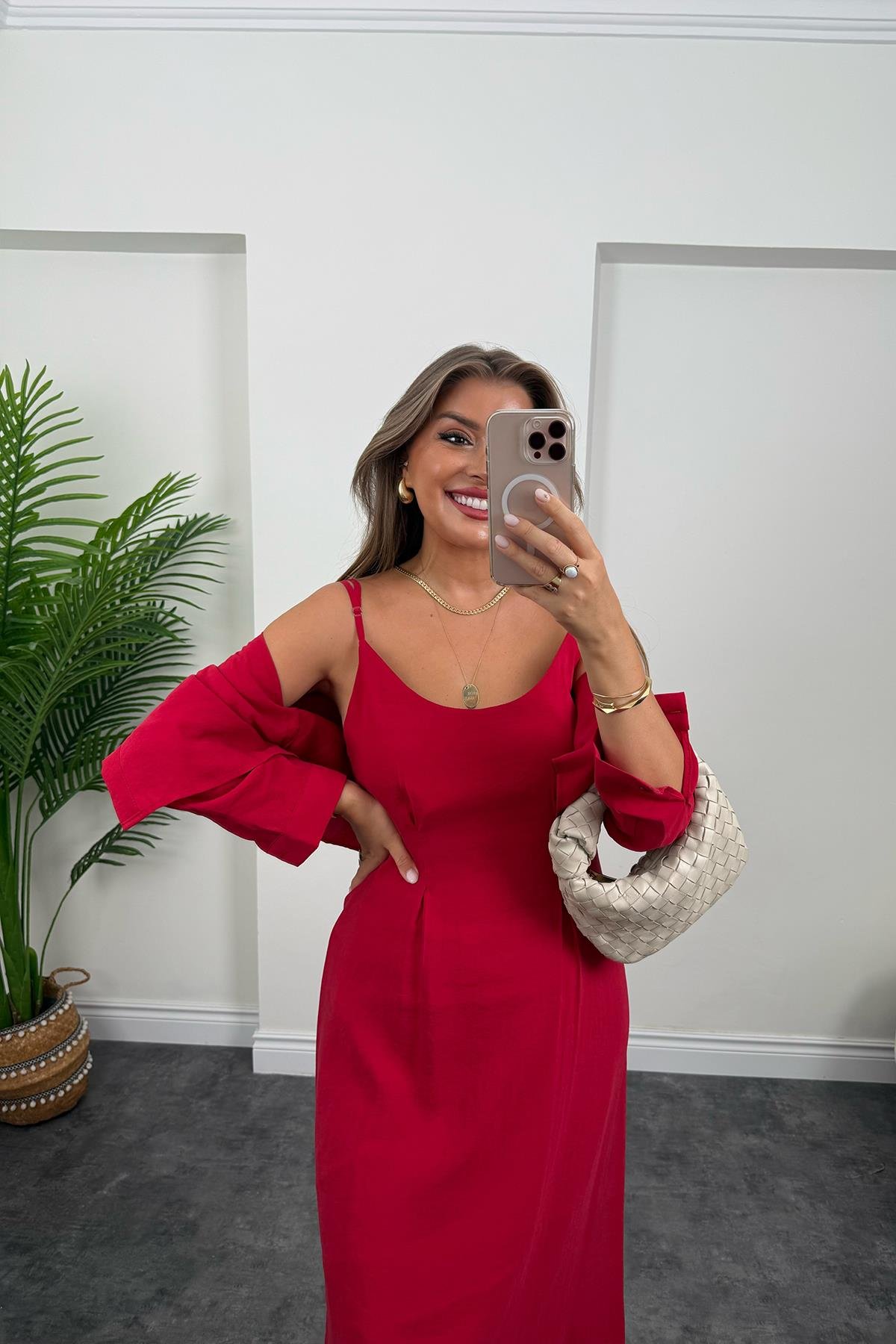 Premium Seri Tensel Kumaş Elbise Gömlek Takım Tatlı Kırmızı