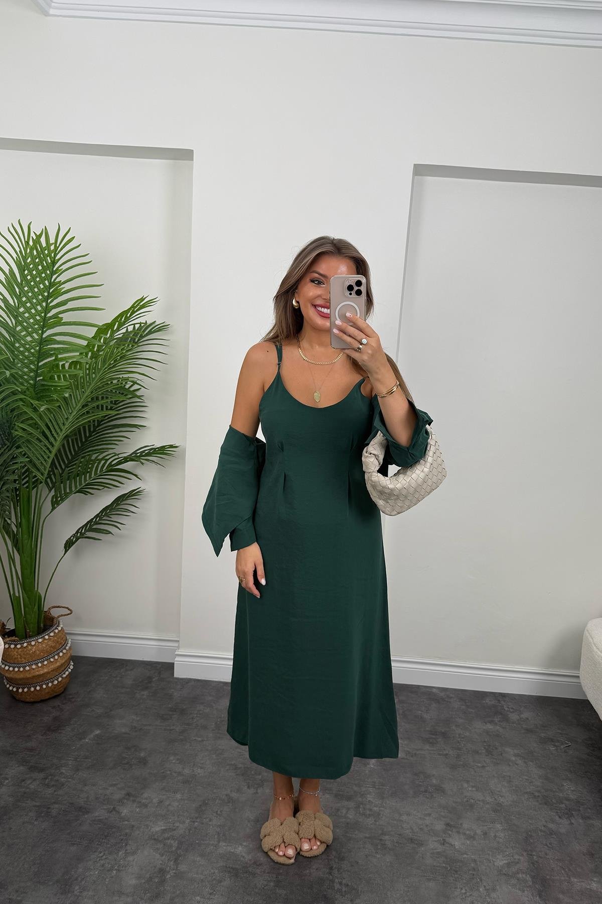 Premium Seri Tensel Kumaş Elbise Gömlek Takım Zümrüt