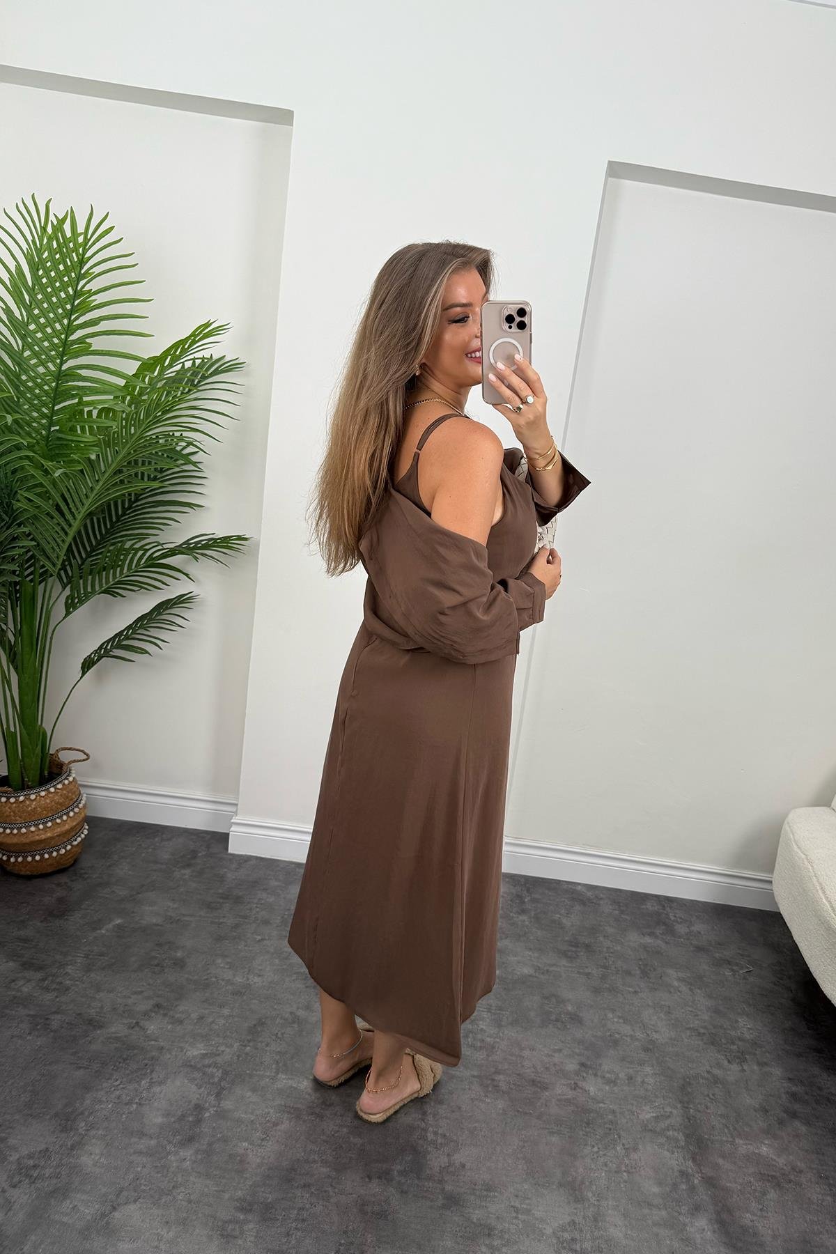 Premium Seri Tensel Kumaş Elbise Gömlek Takım Kahverengi