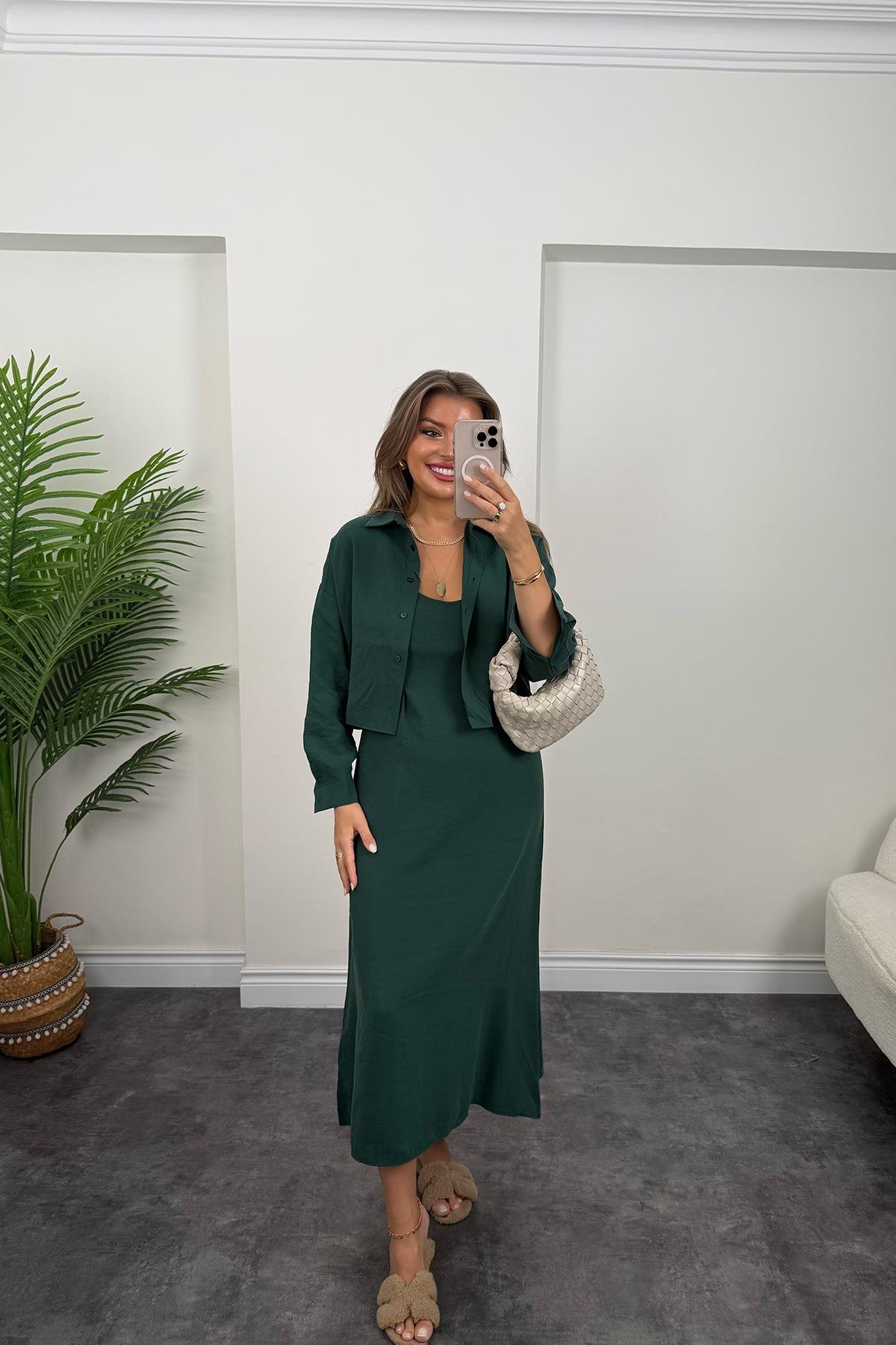 Premium Seri Tensel Kumaş Elbise Gömlek Takım Zümrüt