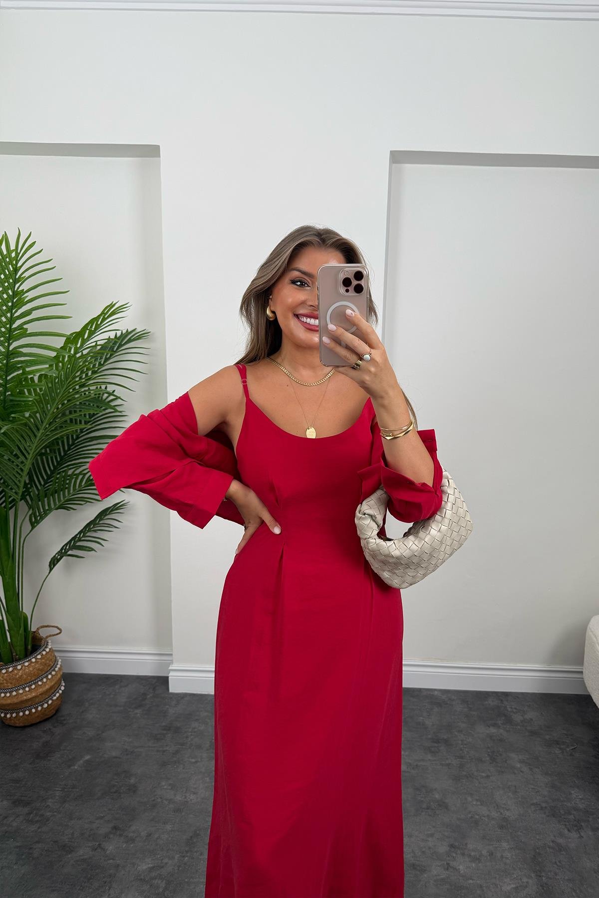 Premium Seri Tensel Kumaş Elbise Gömlek Takım Tatlı Kırmızı