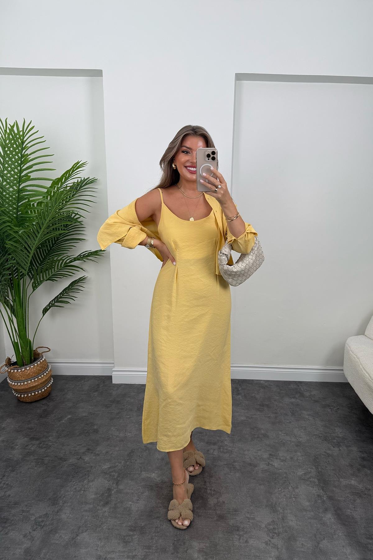 Premium Seri Tensel Kumaş Elbise Gömlek Takım Pastel Sarı