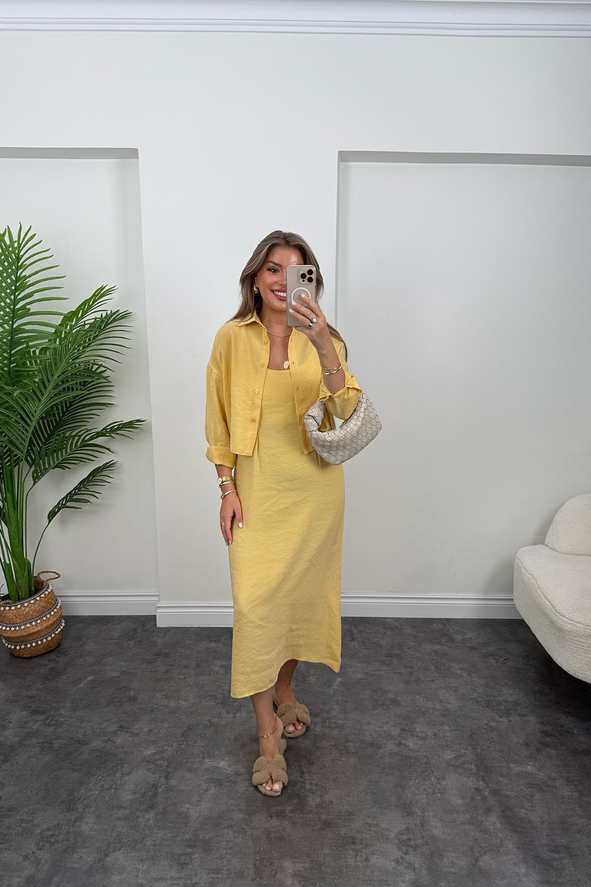 Premium Seri Tensel Kumaş Elbise Gömlek Takım Pastel Sarı