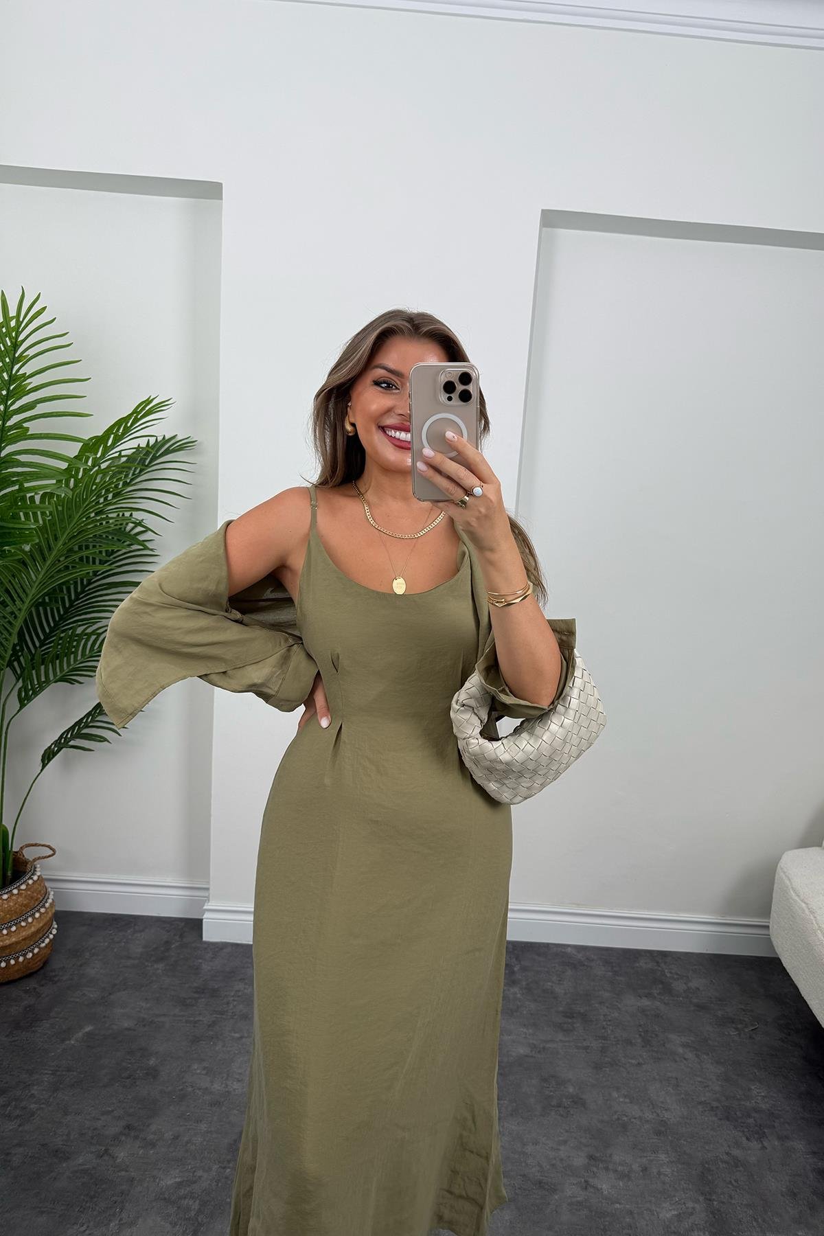 Premium Seri Tensel Kumaş Elbise Gömlek Takım Haki