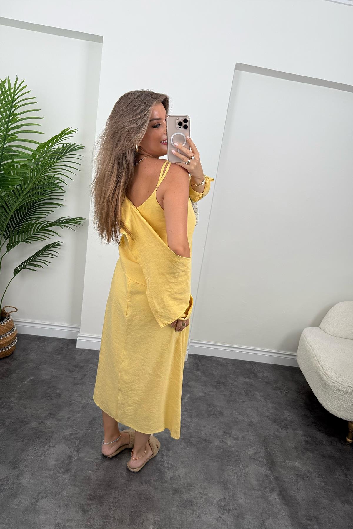 Premium Seri Tensel Kumaş Elbise Gömlek Takım Pastel Sarı