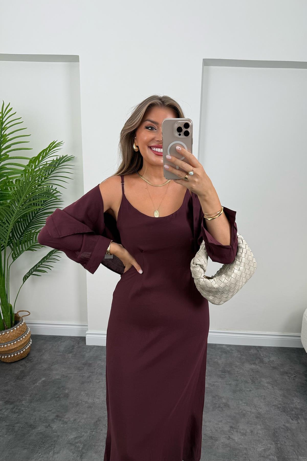 Premium Seri Tensel Kumaş Elbise Gömlek Takım Mürdüm