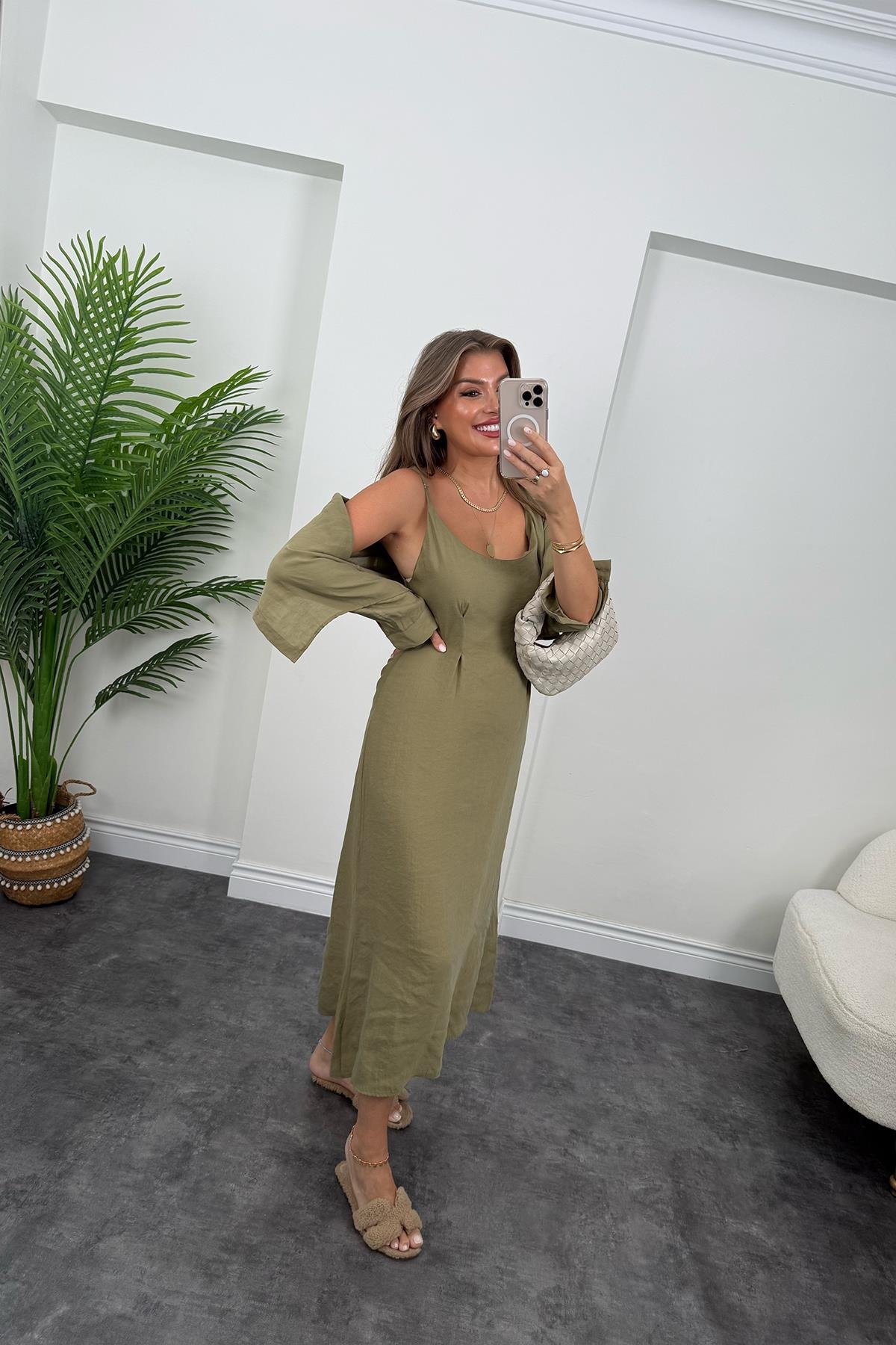 Premium Seri Tensel Kumaş Elbise Gömlek Takım Haki