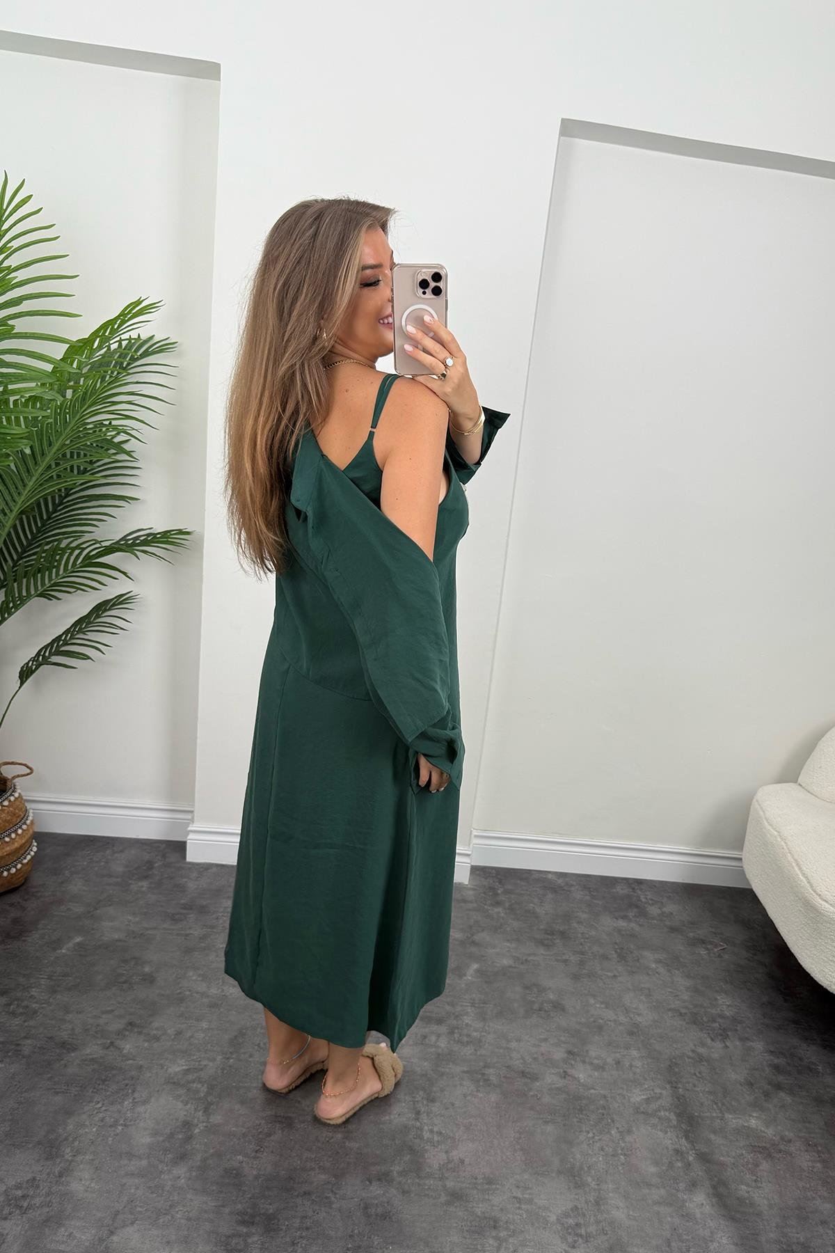 Premium Seri Tensel Kumaş Elbise Gömlek Takım Zümrüt