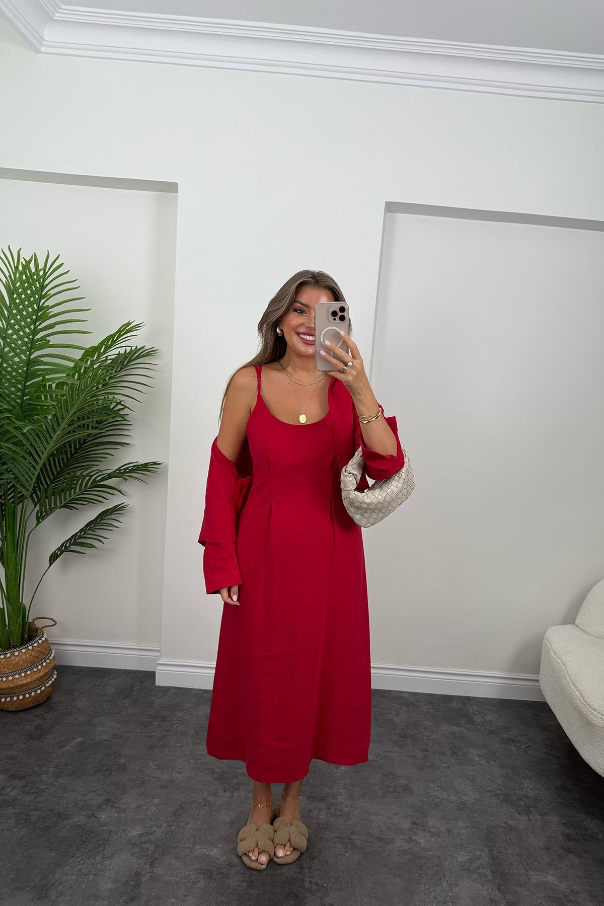 Premium Seri Tensel Kumaş Elbise Gömlek Takım Tatlı Kırmızı