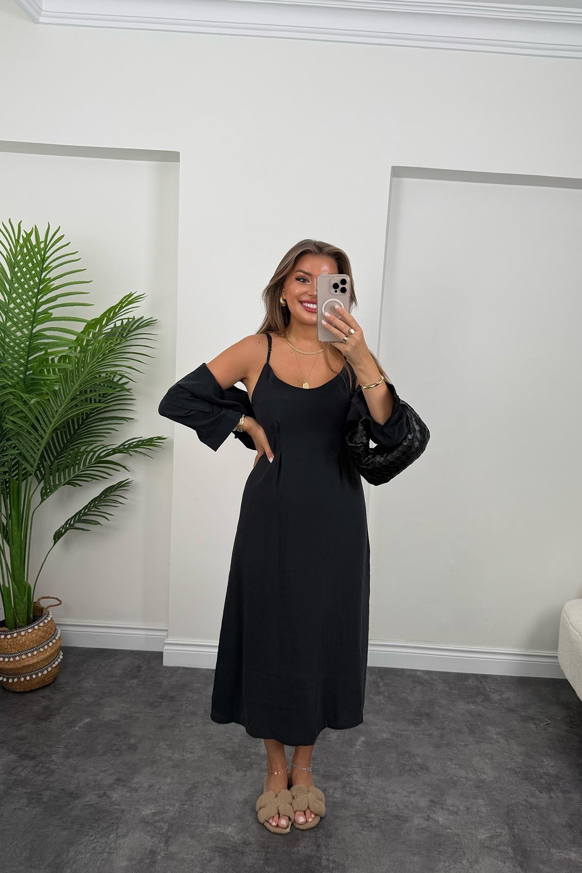 Premium Seri Tensel Kumaş Elbise Gömlek Takım Siyah