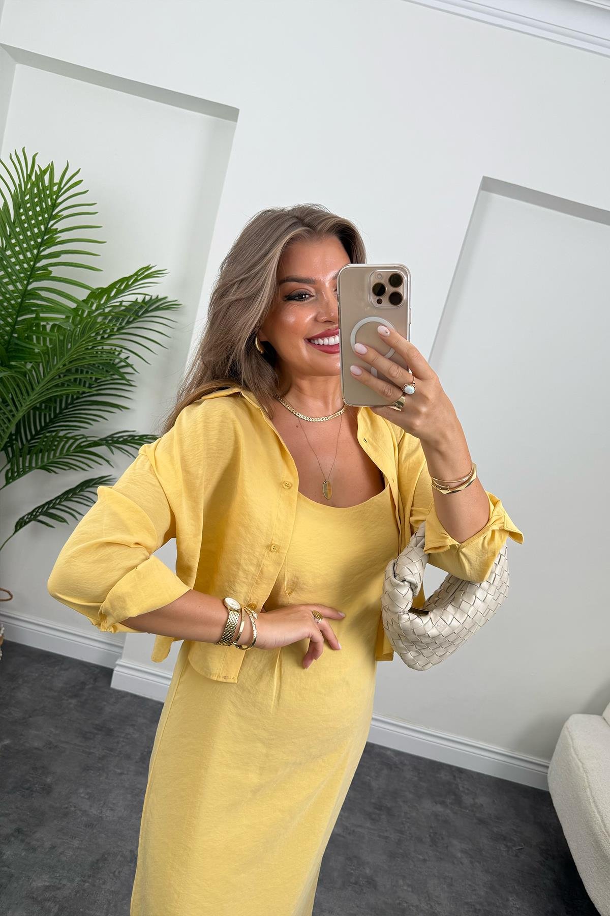 Premium Seri Tensel Kumaş Elbise Gömlek Takım Pastel Sarı