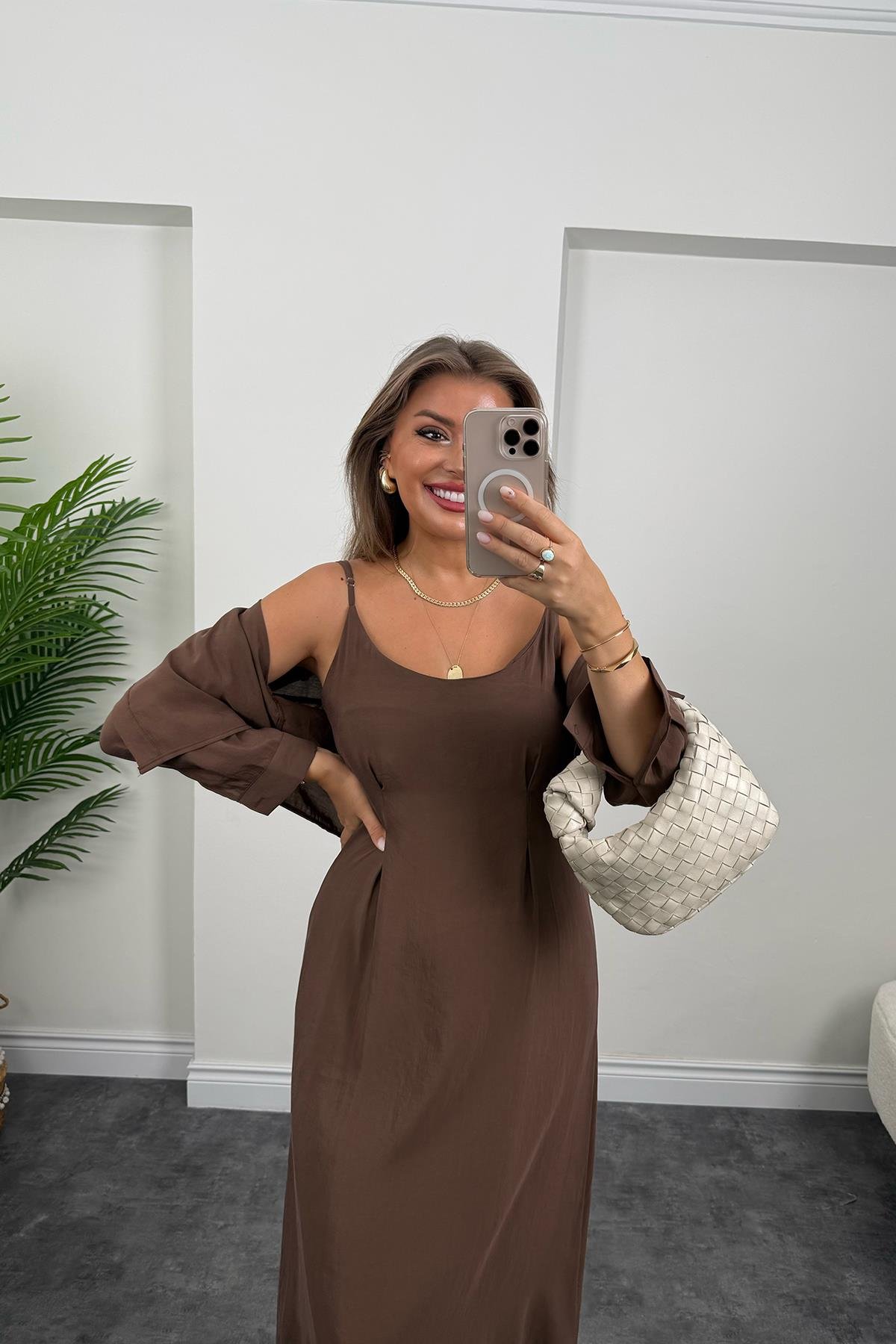 Premium Seri Tensel Kumaş Elbise Gömlek Takım Kahverengi