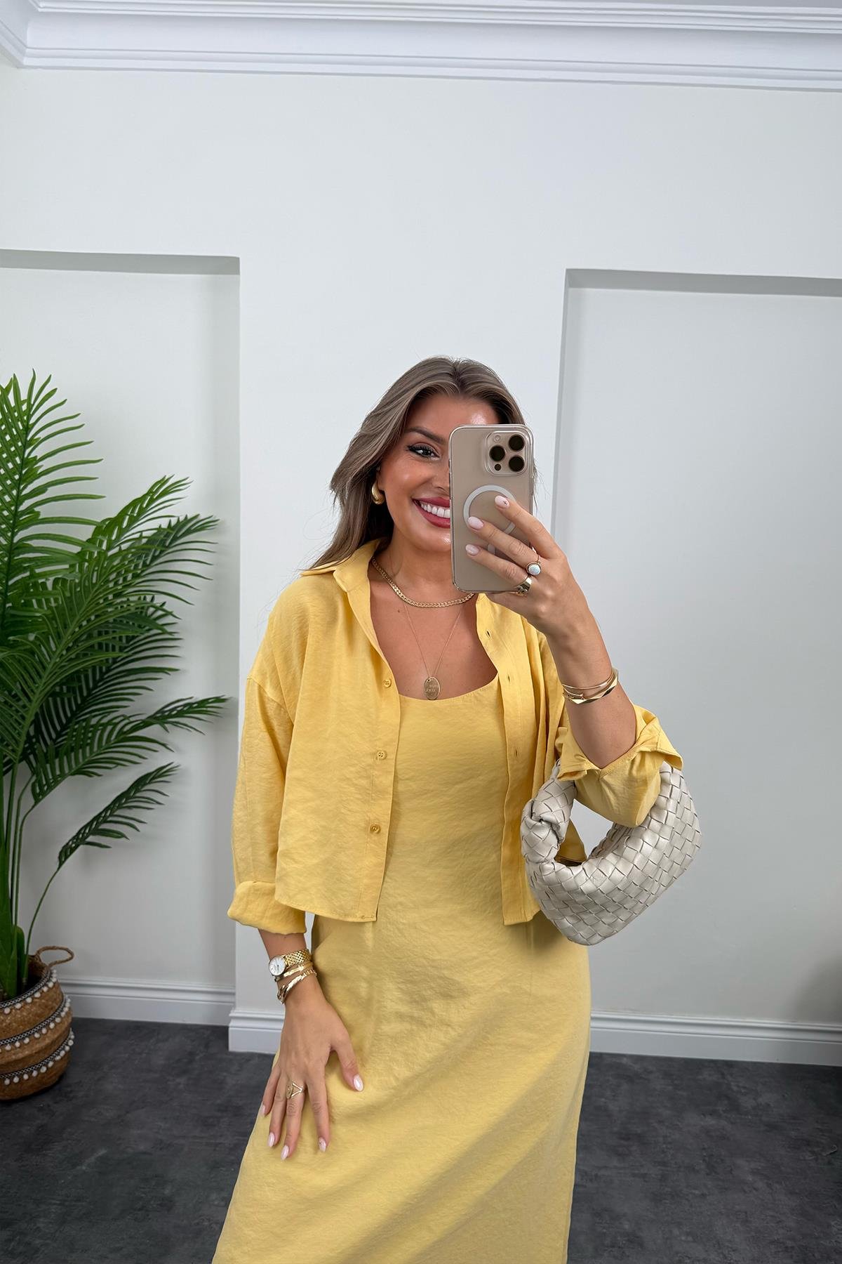 Premium Seri Tensel Kumaş Elbise Gömlek Takım Pastel Sarı