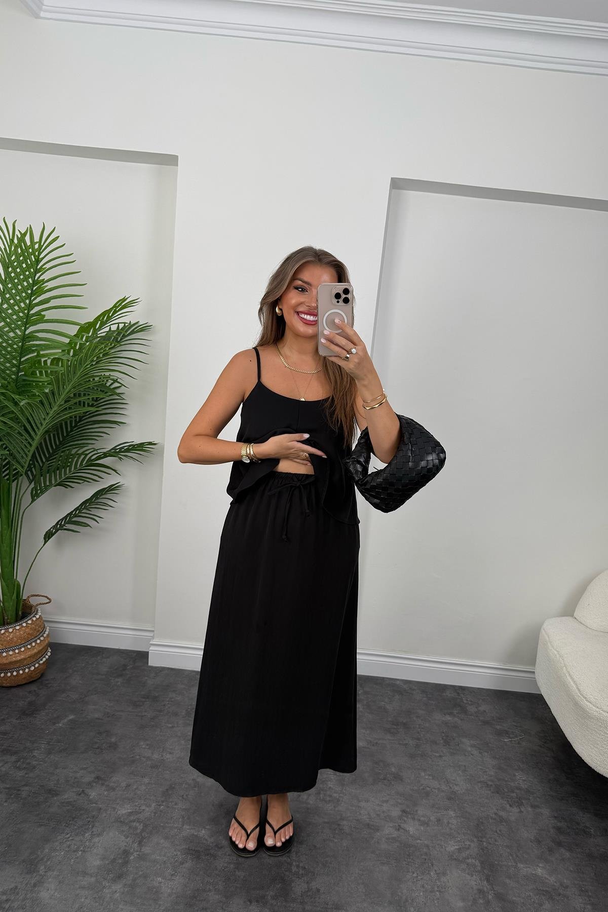 Premium Seri Tensel Kumaş Etek Bluz Takım Siyah