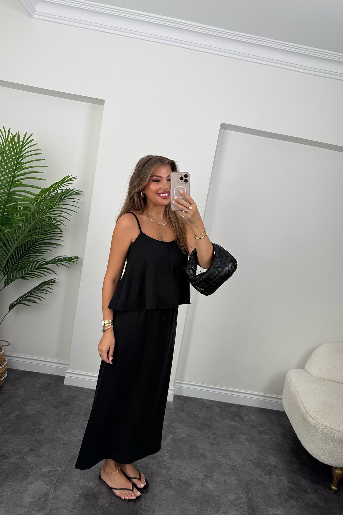 Premium Seri Tensel Kumaş Etek Bluz Takım Siyah