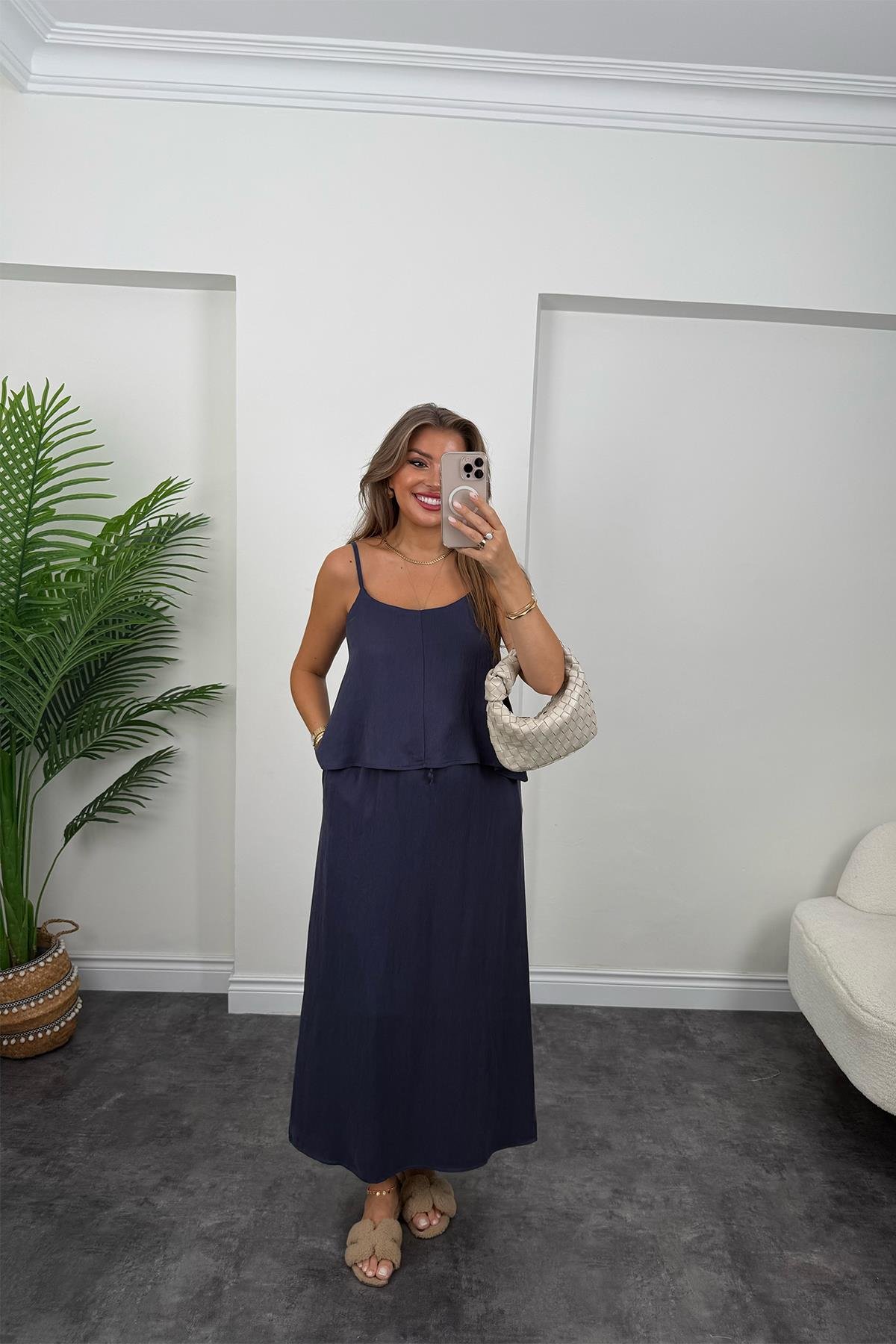 Premium Seri Tensel Kumaş Etek Bluz Takım Lacivert