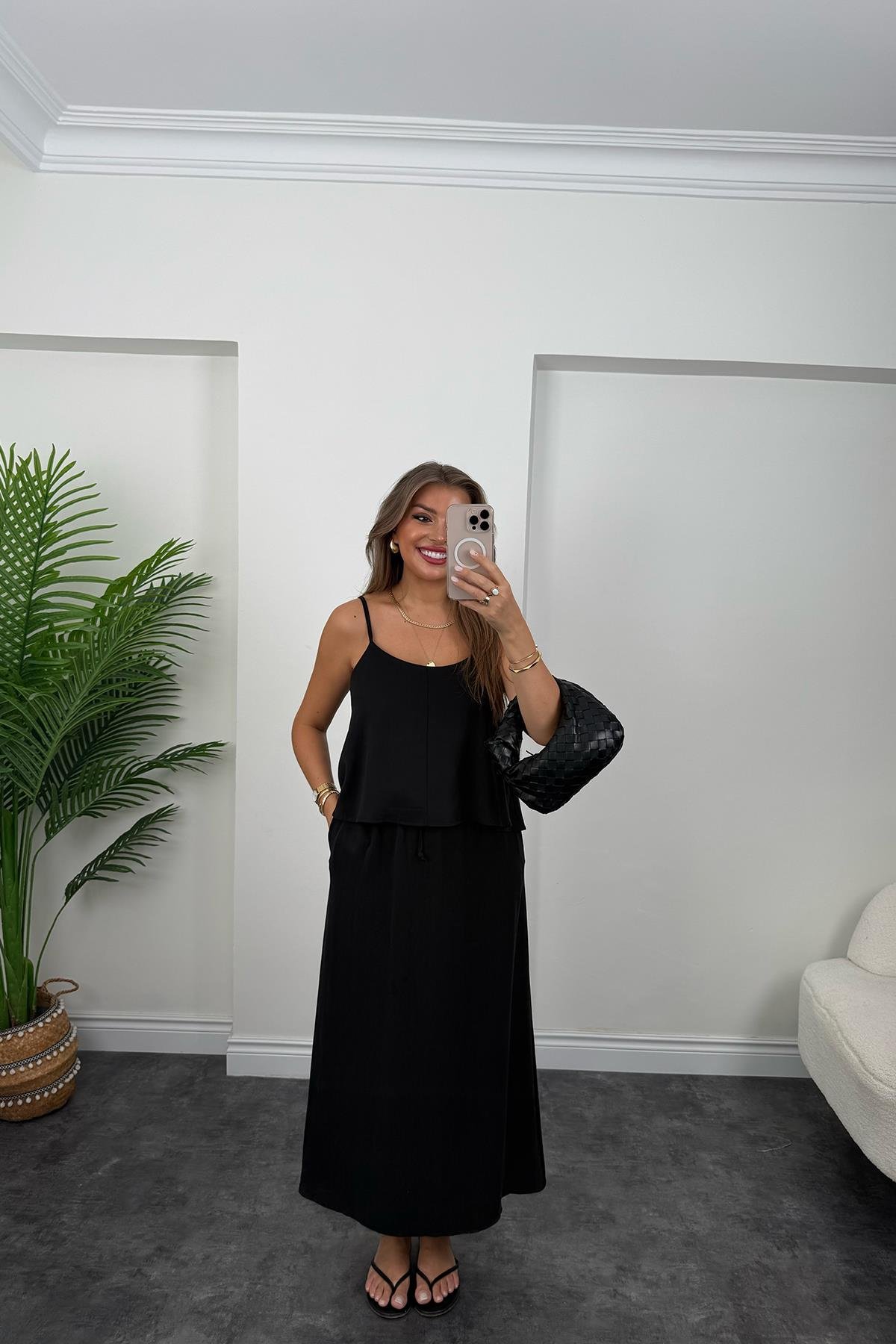 Premium Seri Tensel Kumaş Etek Bluz Takım Siyah