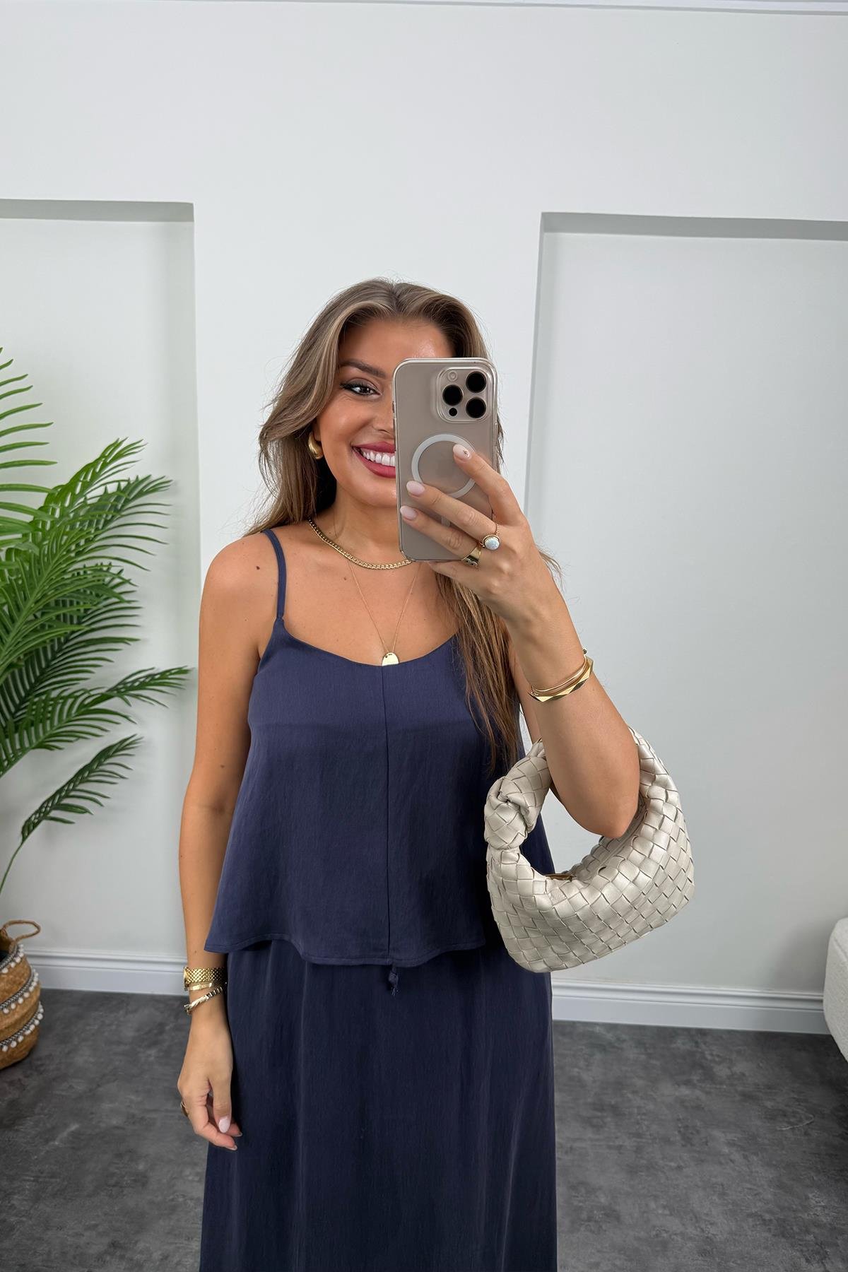 Premium Seri Tensel Kumaş Etek Bluz Takım Lacivert