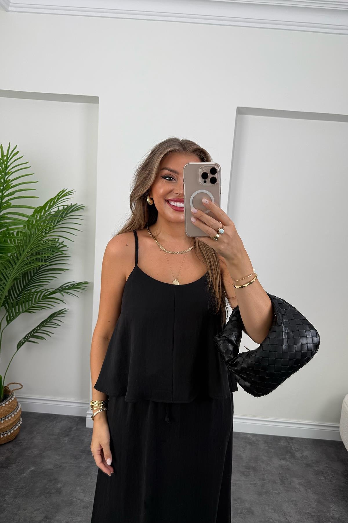 Premium Seri Tensel Kumaş Etek Bluz Takım Siyah