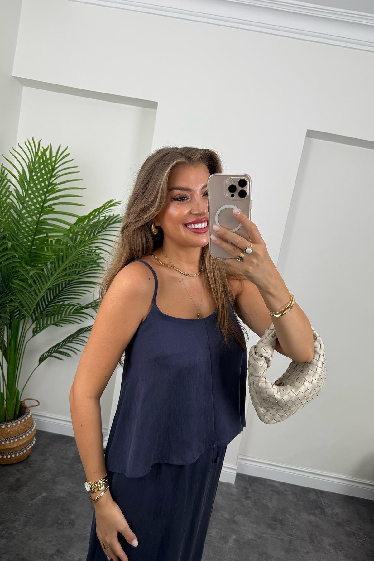 Premium Seri Tensel Kumaş Etek Bluz Takım Lacivert