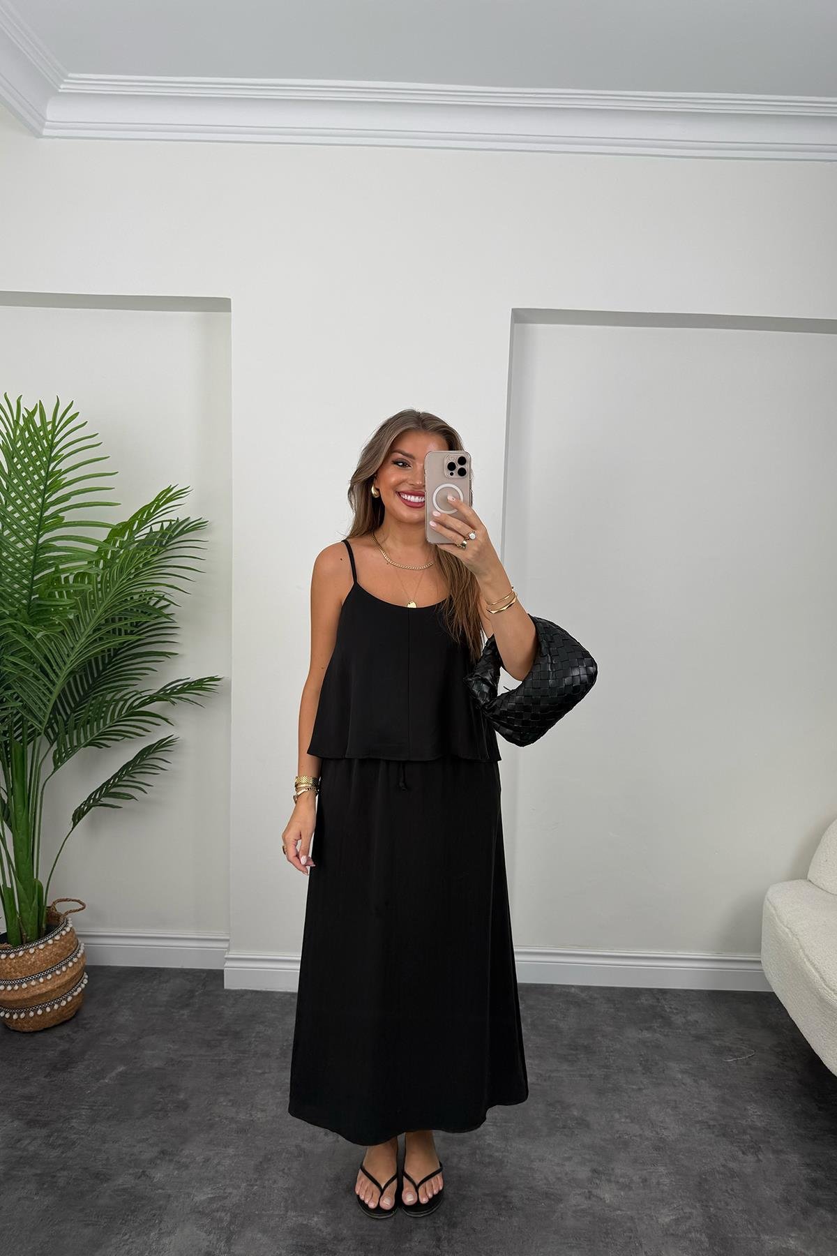 Premium Seri Tensel Kumaş Etek Bluz Takım Siyah