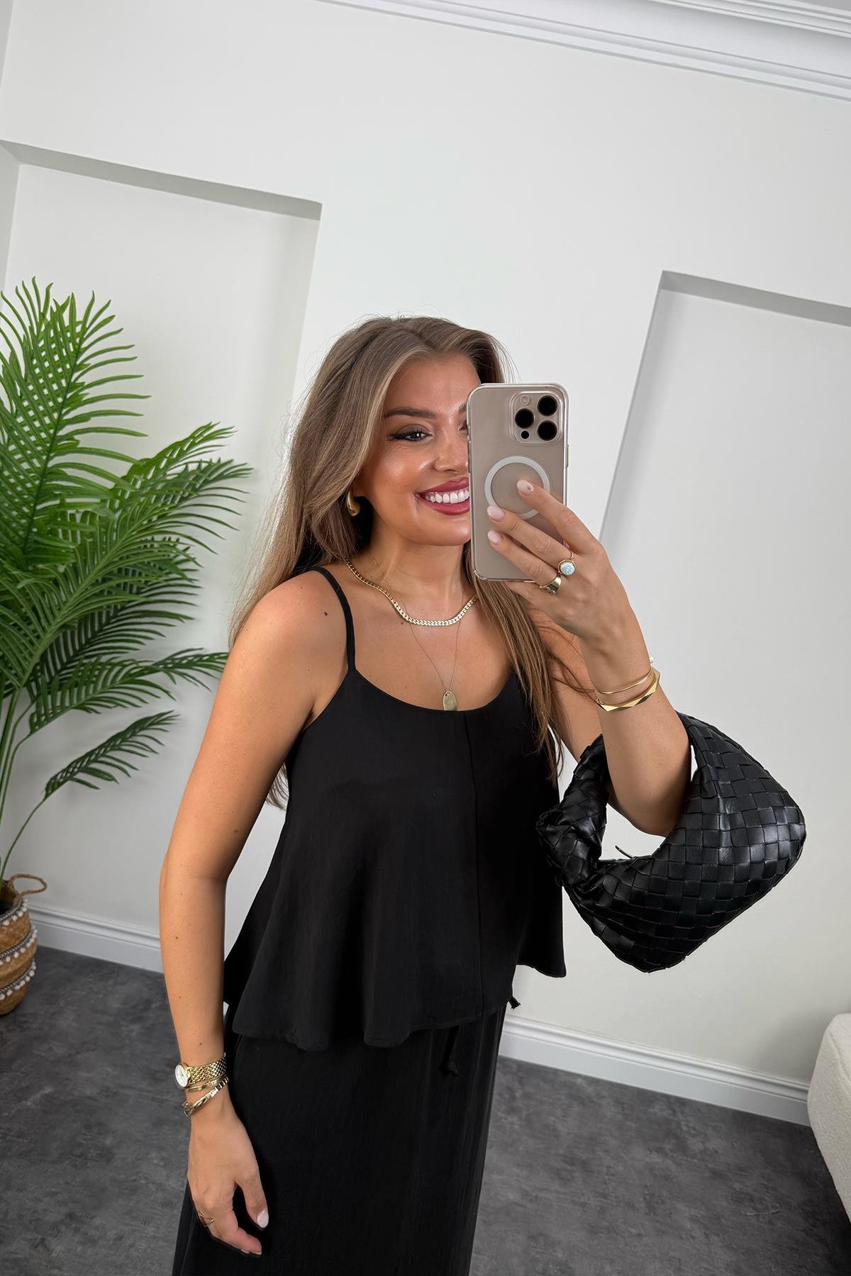 Premium Seri Tensel Kumaş Etek Bluz Takım Siyah