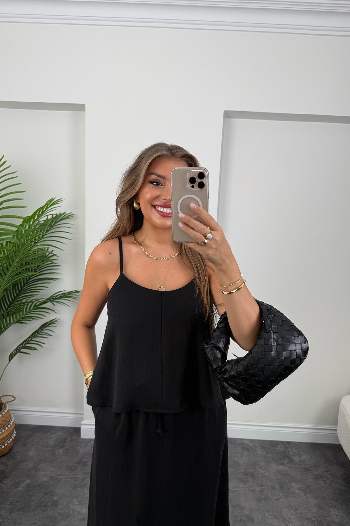 Premium Seri Tensel Kumaş Etek Bluz Takım Siyah