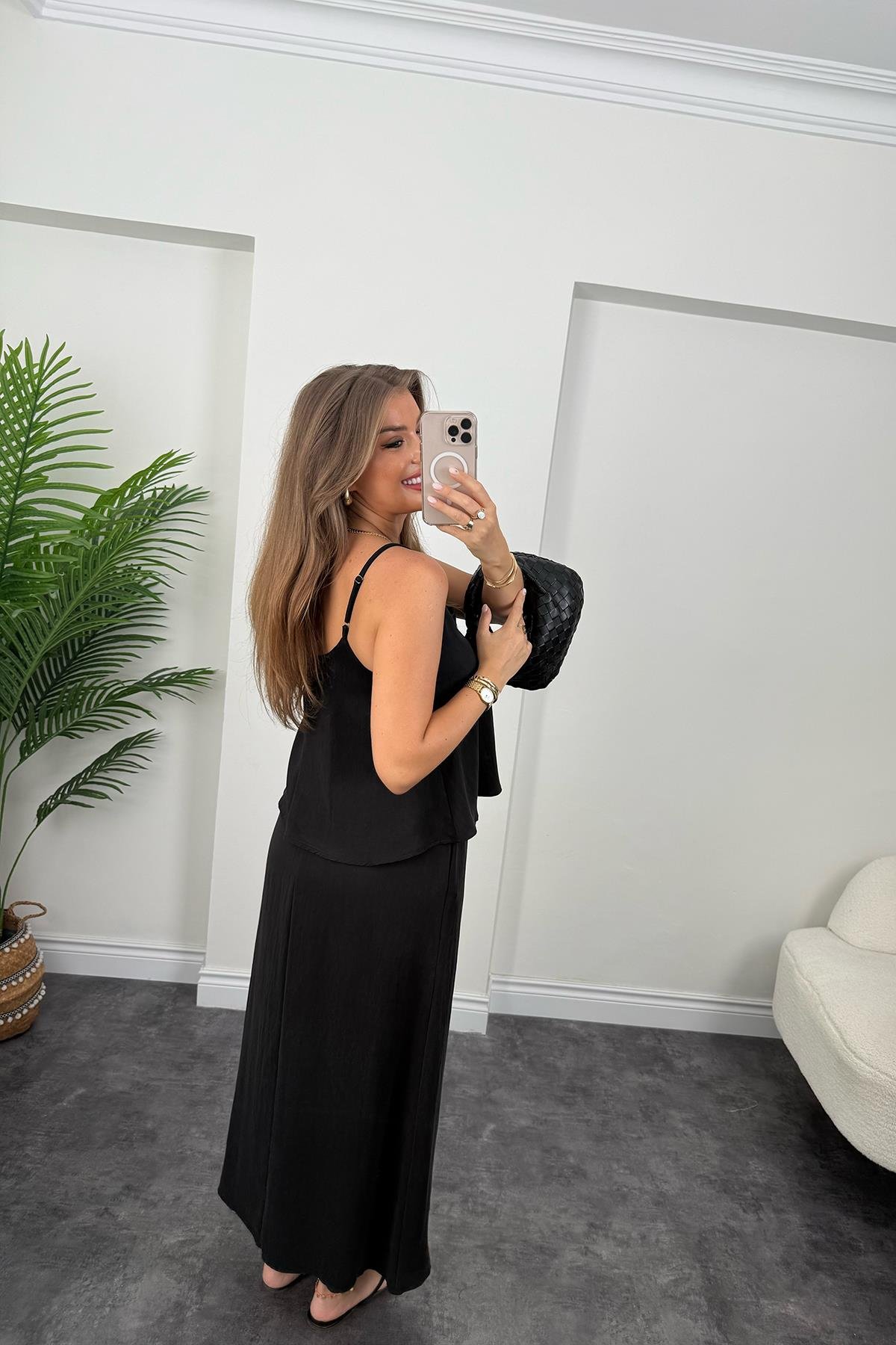 Premium Seri Tensel Kumaş Etek Bluz Takım Siyah