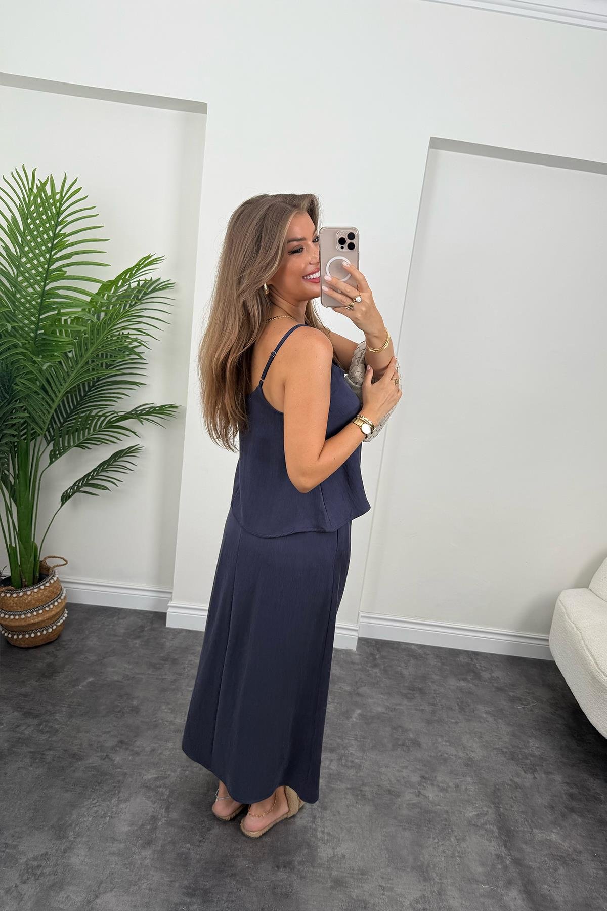 Premium Seri Tensel Kumaş Etek Bluz Takım Lacivert