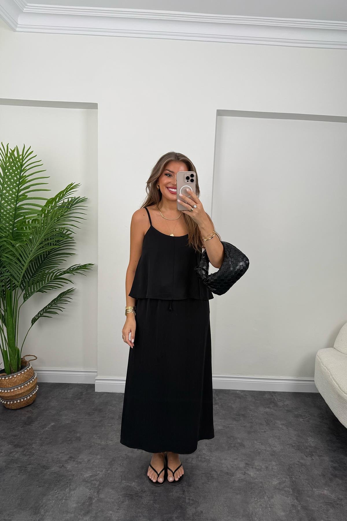 Premium Seri Tensel Kumaş Etek Bluz Takım Siyah