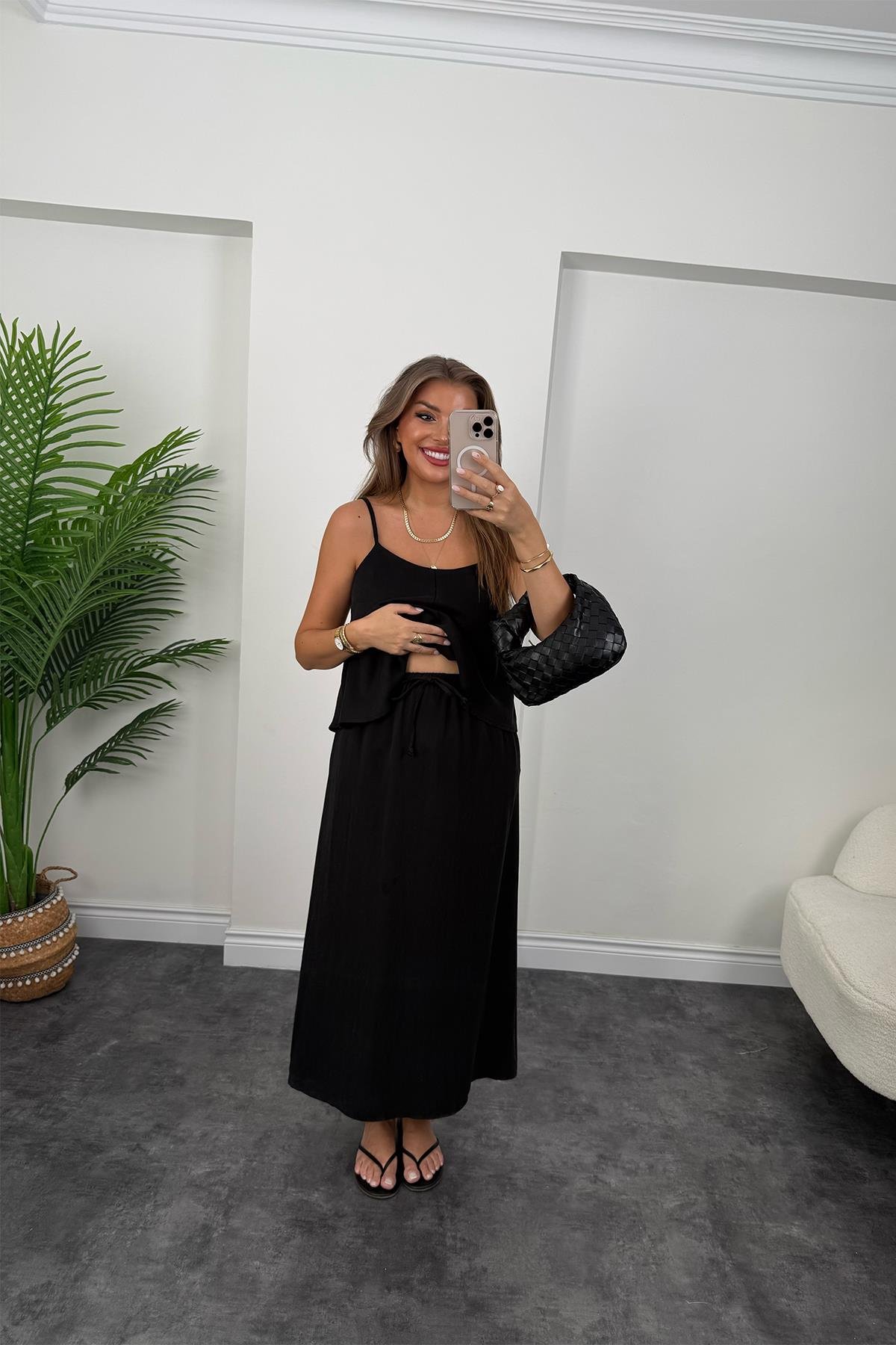 Premium Seri Tensel Kumaş Etek Bluz Takım Siyah