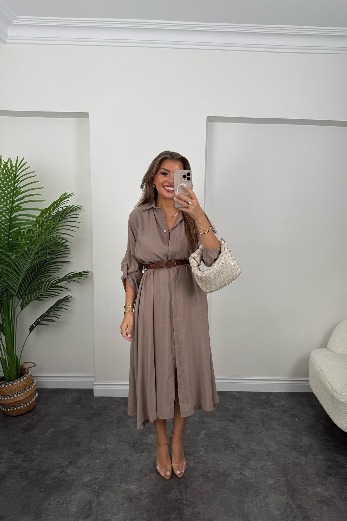 Premium Seri Tensel Kumaş Kemerli Salaş Gömlek Elbise Vizon