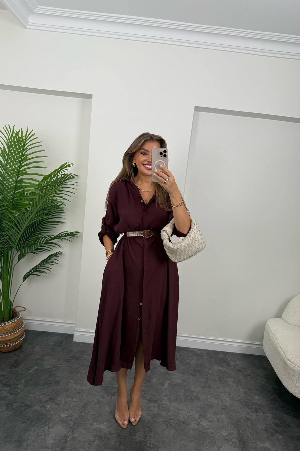 Premium Seri Tensel Kumaş Kemerli Salaş Gömlek Elbise Mürdüm