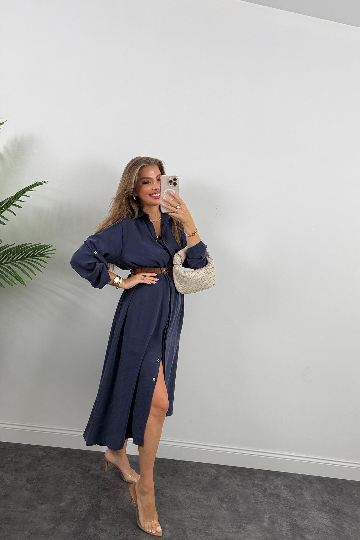 Premium Seri Tensel Kumaş Kemerli Salaş Gömlek Elbise Lacivert