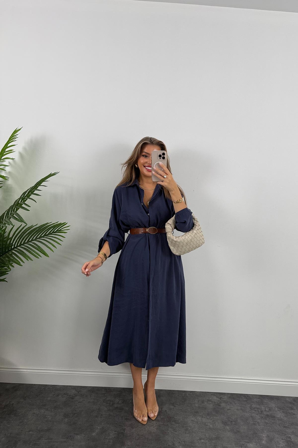 Premium Seri Tensel Kumaş Kemerli Salaş Gömlek Elbise Lacivert