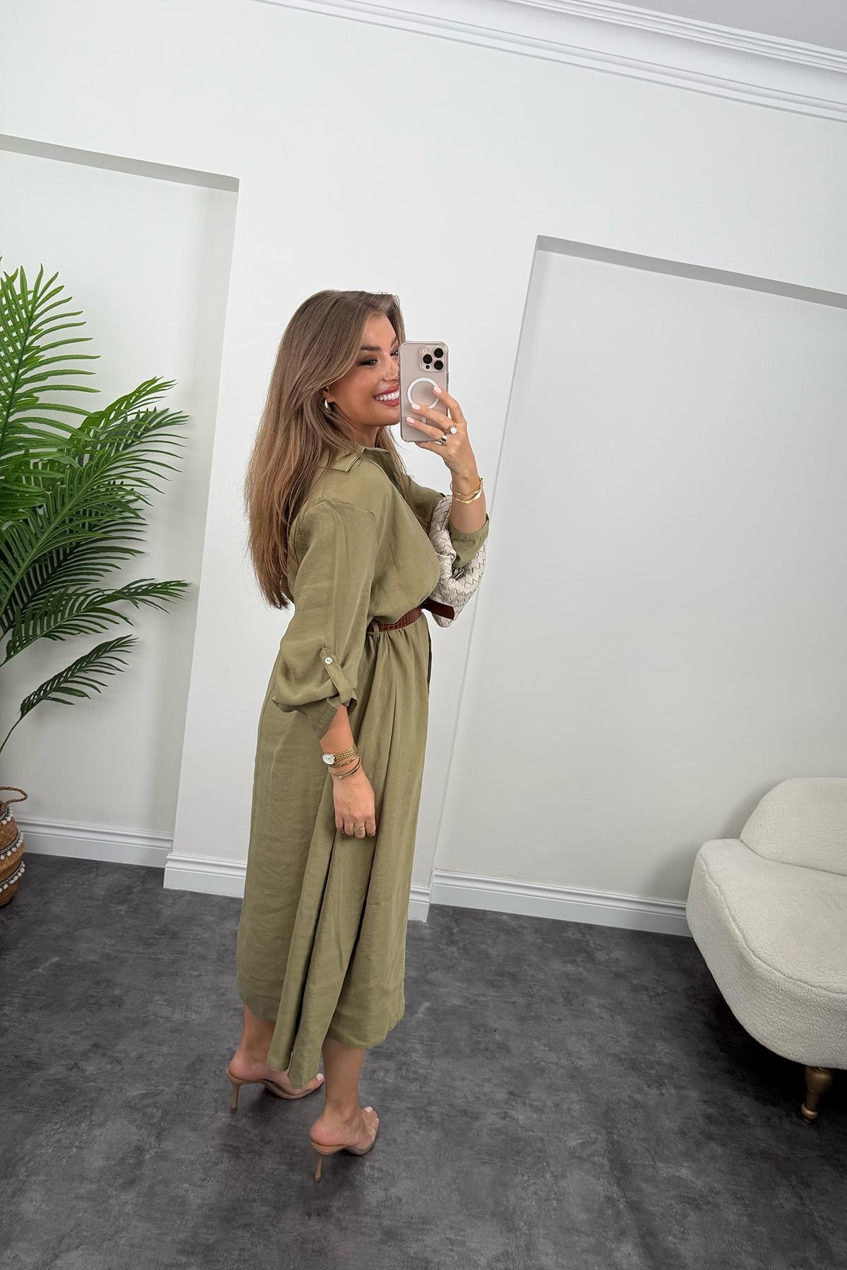 Premium Seri Tensel Kumaş Kemerli Salaş Gömlek Elbise Haki