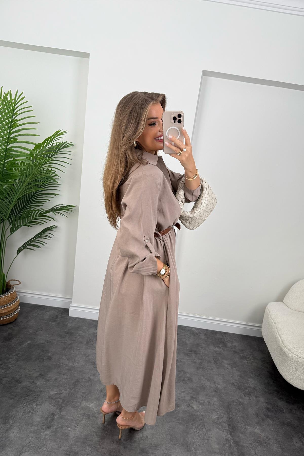 Premium Seri Tensel Kumaş Kemerli Salaş Gömlek Elbise Vizon