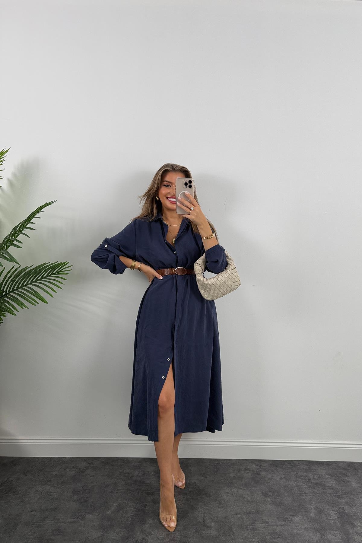 Premium Seri Tensel Kumaş Kemerli Salaş Gömlek Elbise Lacivert