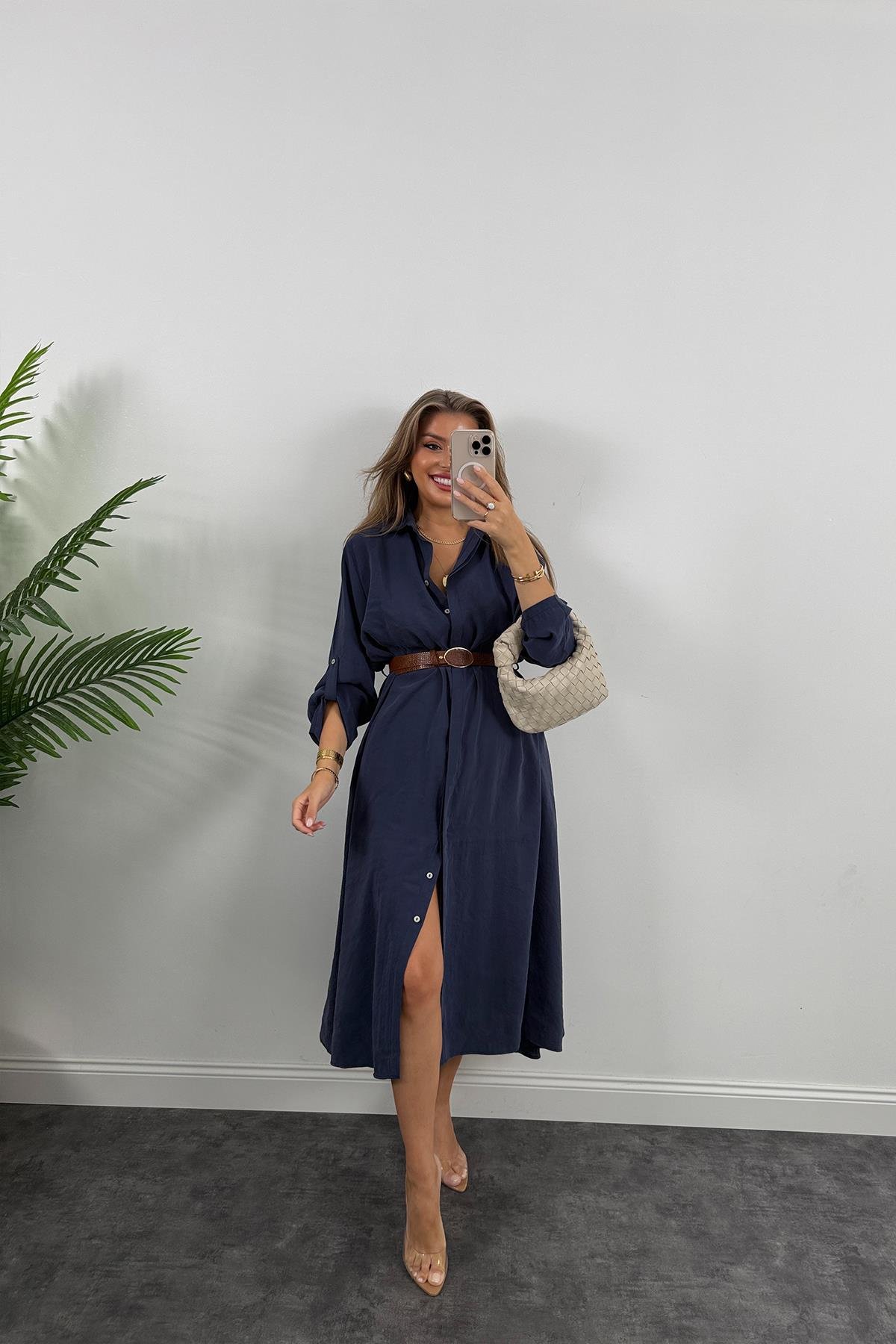 Premium Seri Tensel Kumaş Kemerli Salaş Gömlek Elbise Lacivert