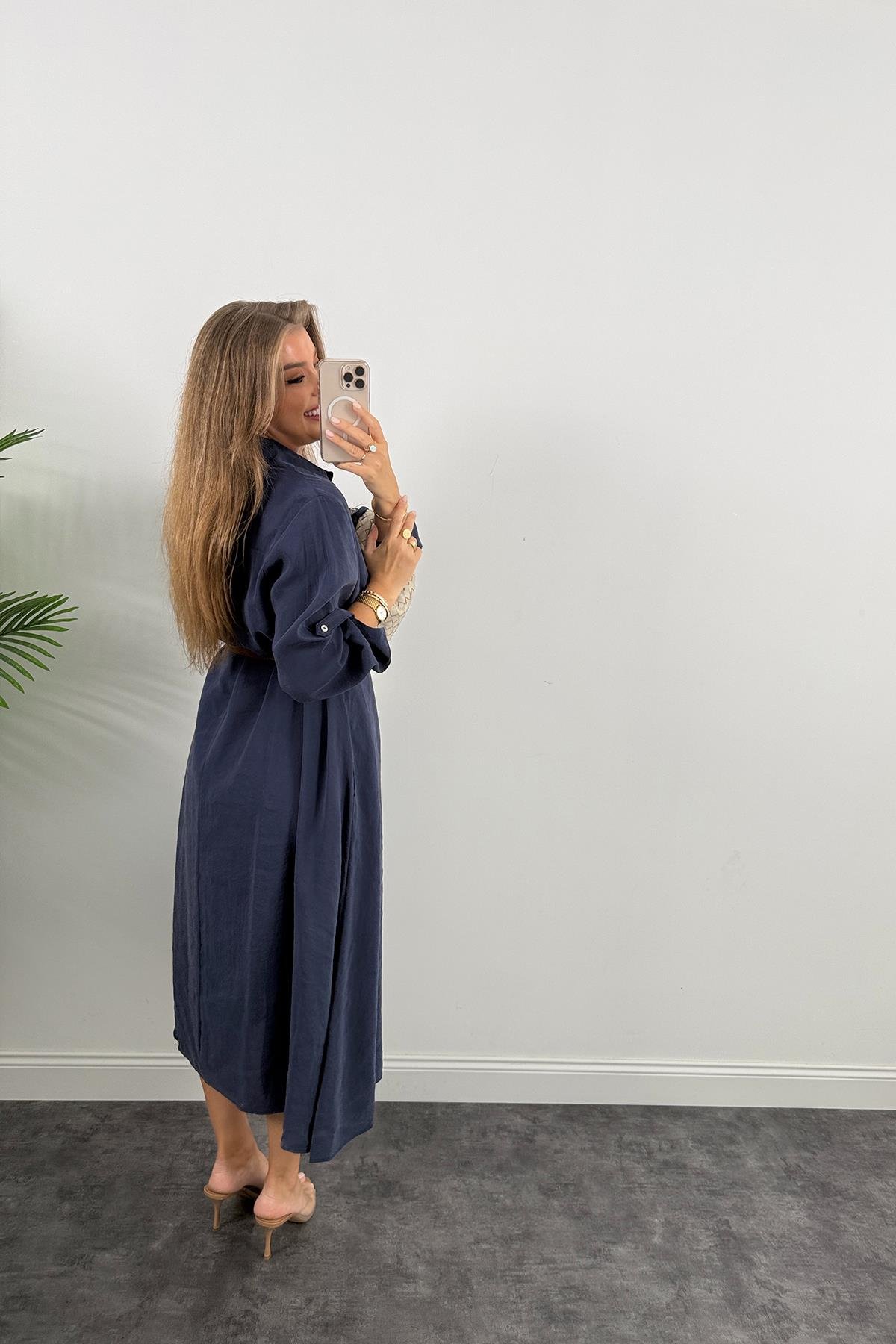 Premium Seri Tensel Kumaş Kemerli Salaş Gömlek Elbise Lacivert