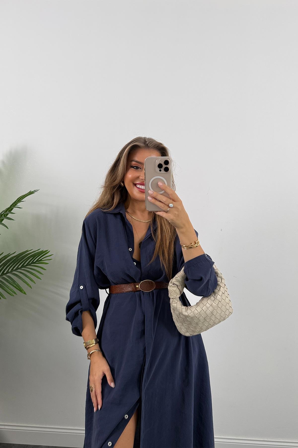 Premium Seri Tensel Kumaş Kemerli Salaş Gömlek Elbise Lacivert