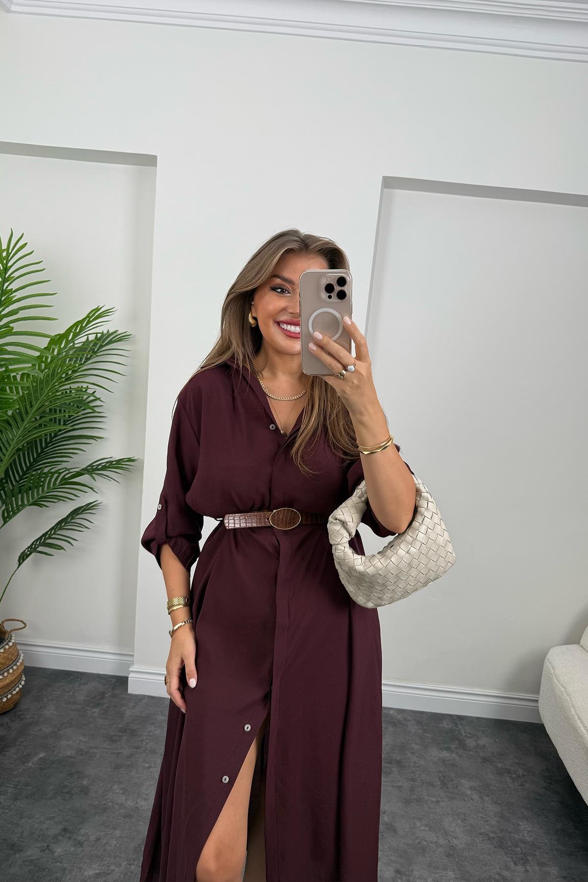 Premium Seri Tensel Kumaş Kemerli Salaş Gömlek Elbise Mürdüm