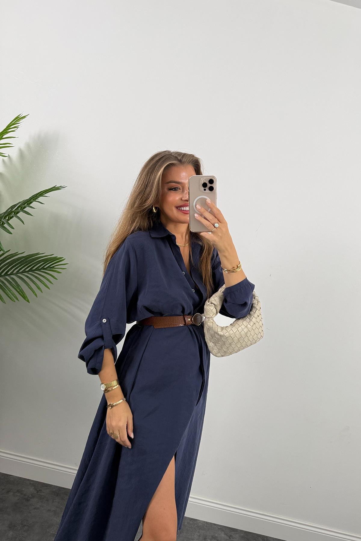 Premium Seri Tensel Kumaş Kemerli Salaş Gömlek Elbise Lacivert