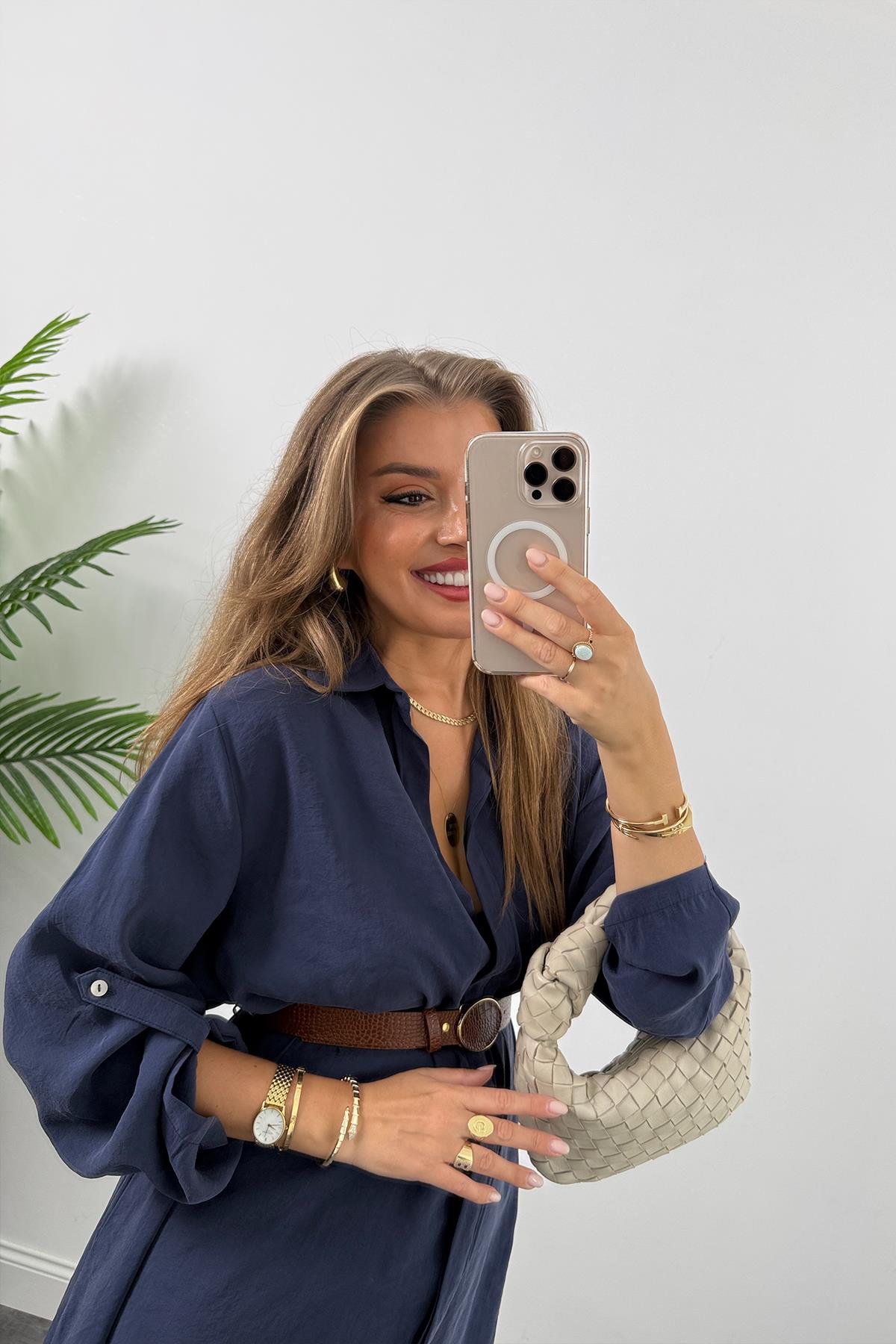 Premium Seri Tensel Kumaş Kemerli Salaş Gömlek Elbise Lacivert