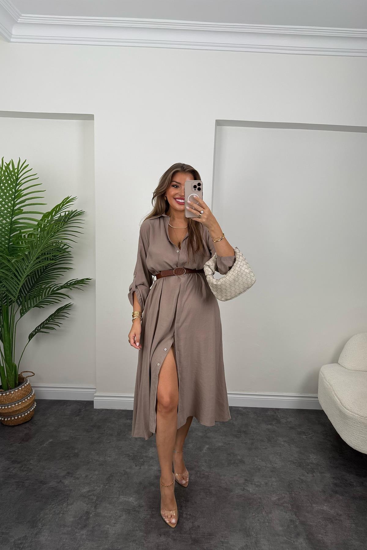 Premium Seri Tensel Kumaş Kemerli Salaş Gömlek Elbise Vizon