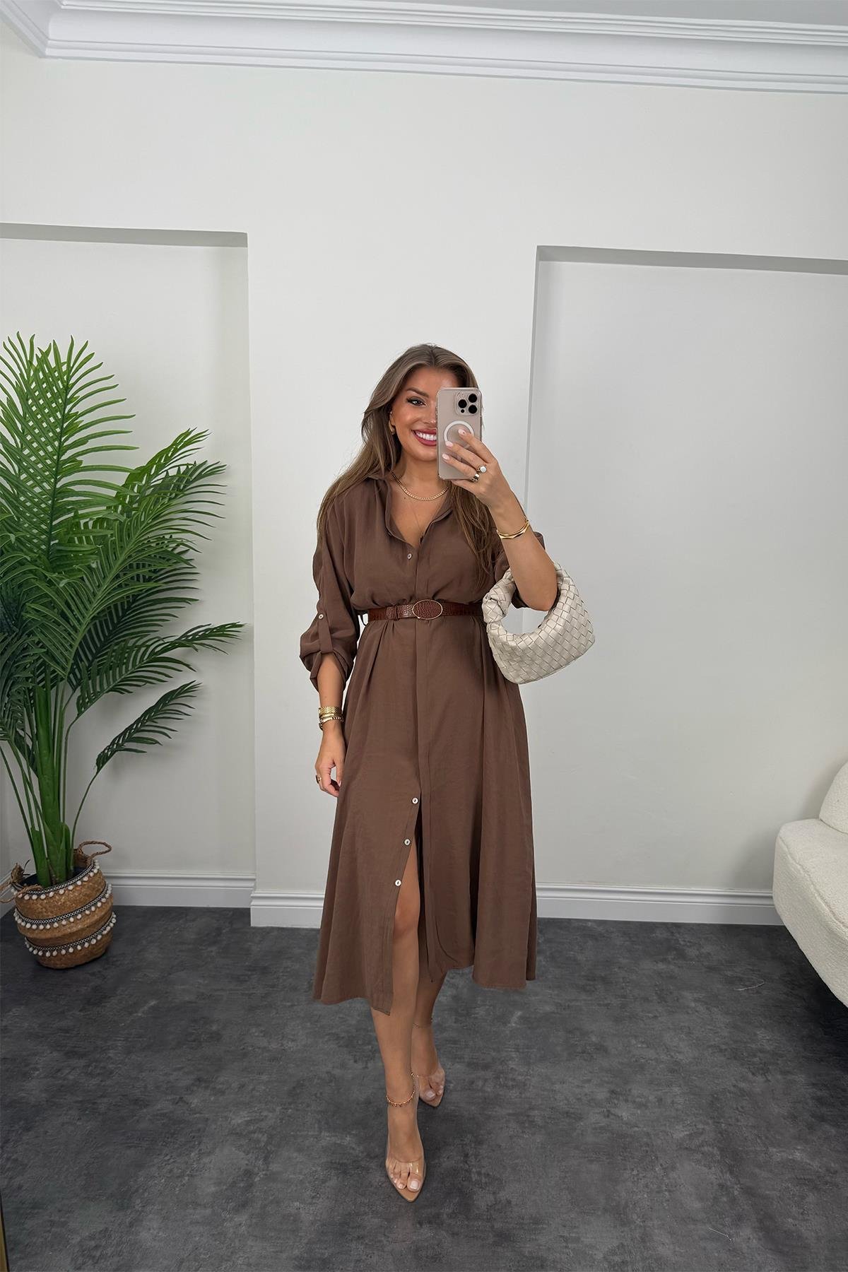 Premium Seri Tensel Kumaş Kemerli Salaş Gömlek Elbise Acı Kahve
