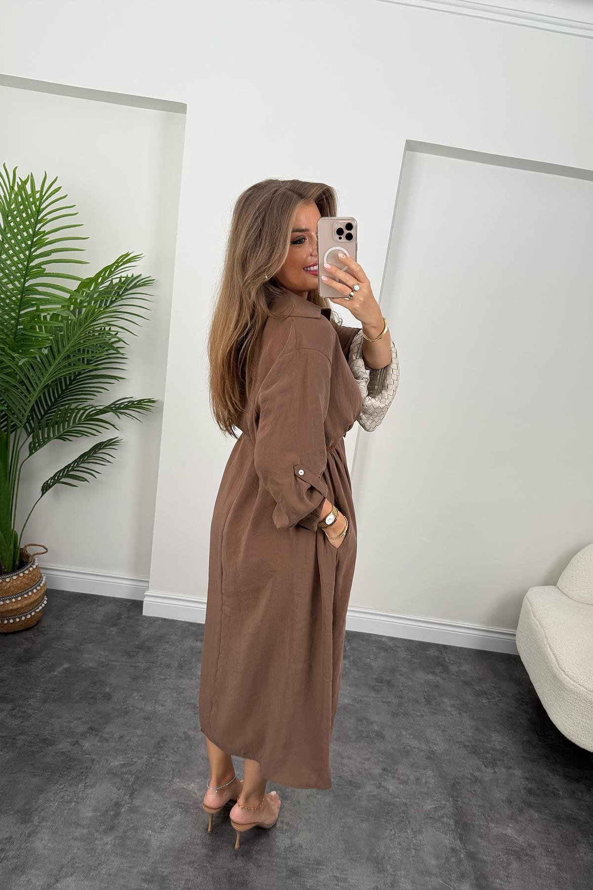 Premium Seri Tensel Kumaş Kemerli Salaş Gömlek Elbise Acı Kahve