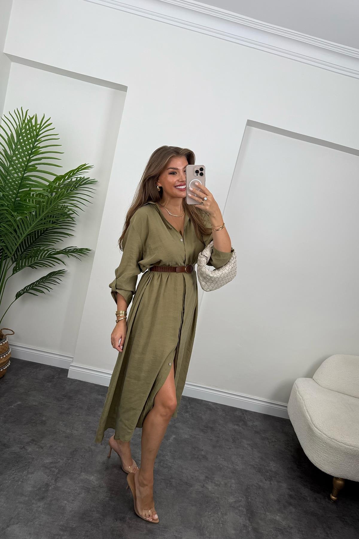 Premium Seri Tensel Kumaş Kemerli Salaş Gömlek Elbise Haki